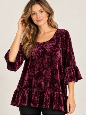 Chris & Carol Crushed Velvet Ruffle Tunic Top Burgundy, Size Large